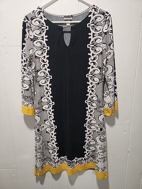 Haani Black & White Knee Length Dress with Yellow Trim